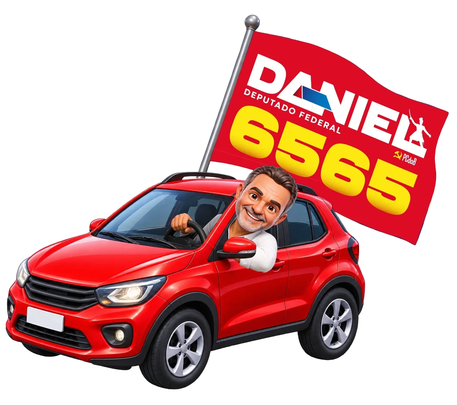 Ilustração de Daniel Almeida ao volante de um carro vermelho, com a bandeira da campanha: Daniel, Deputado Federal, 6565.
