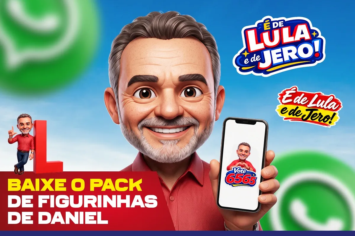 Baixe o pack de figurinhas de Daniel: caricatura dele com um celular, entre símbolos do WhatsApp