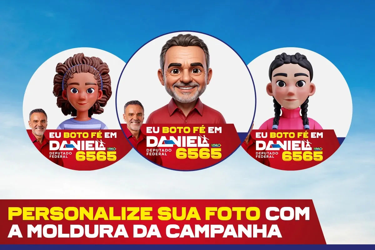 Personalize sua foto com a moldura da campanha: três retratos com o selo “Eu boto fé em Daniel 6565”